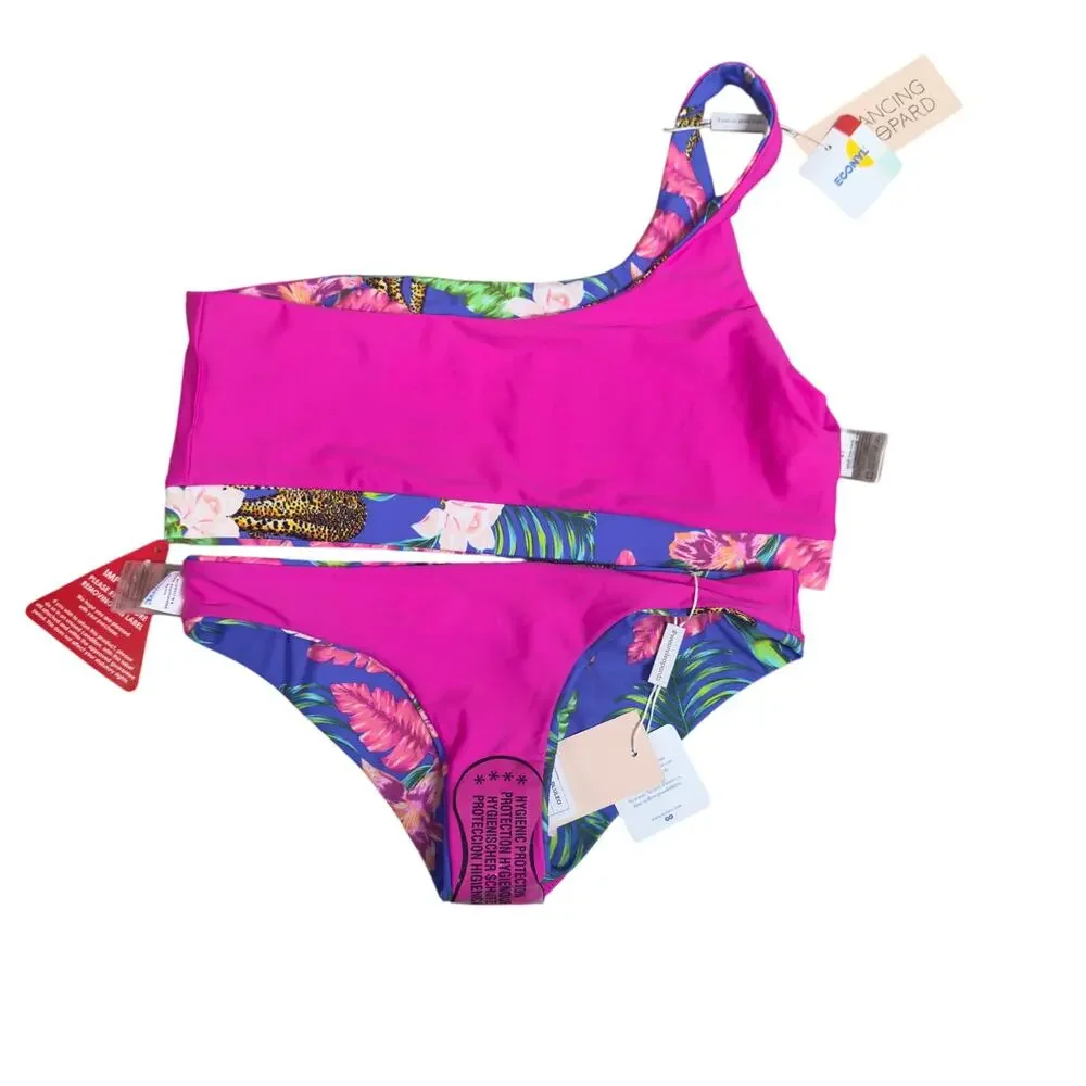 NWT- Dancing Leopard Bikini Top Size 12‎ Bottom Size 8 Blue/Hot Pink